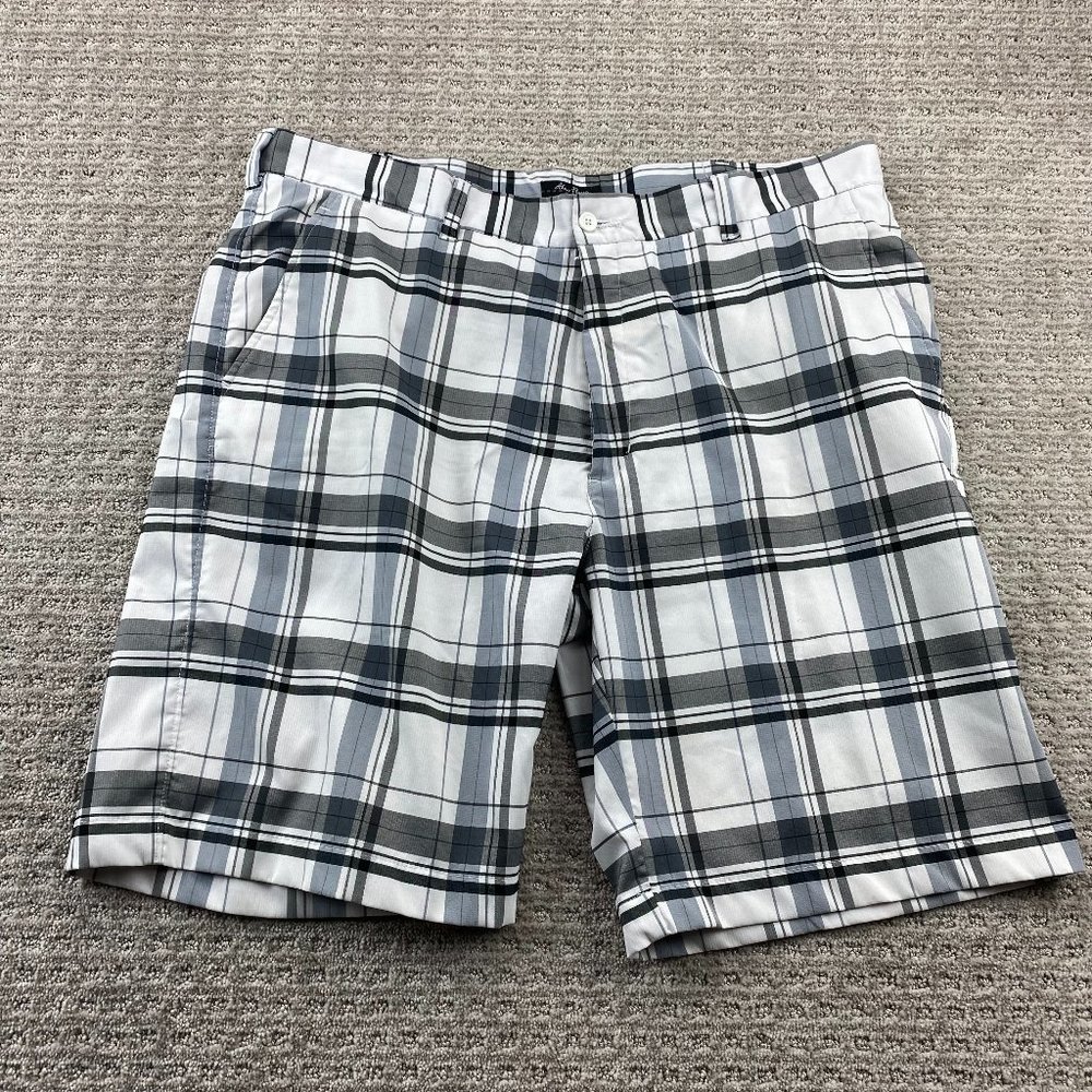 ALAN FLUSSER Chino Golf Shorts Men 40 White Gray Plaid Short Pants Casual Golfer
